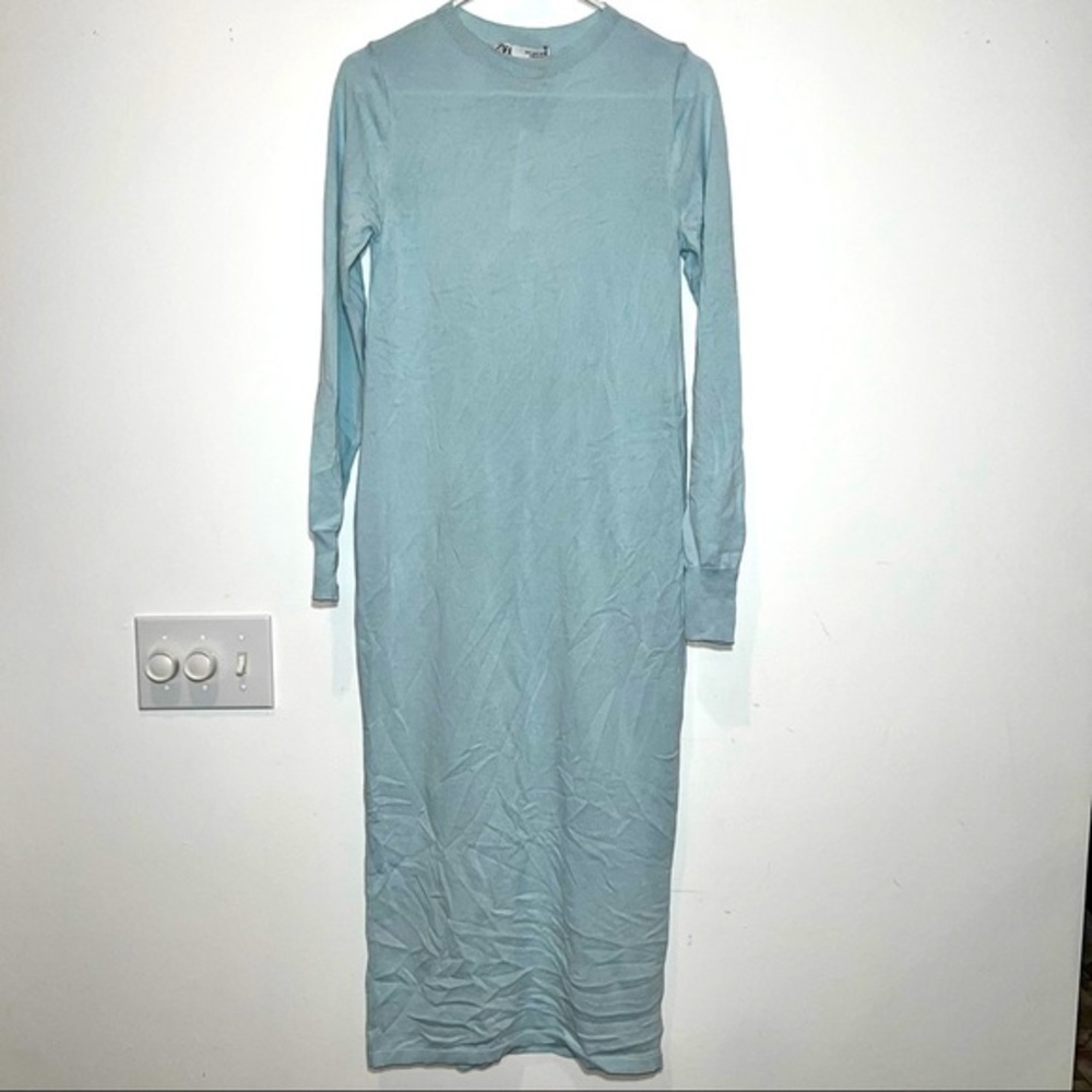 Zara NWT Baby Blue Knit Pencil Dress Open Back - Picture 1 of 6